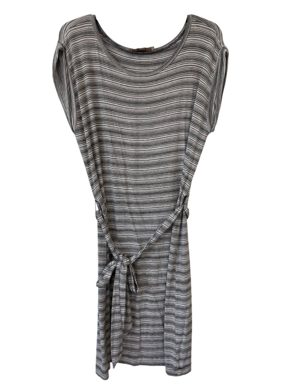 LOFT Dress Medium Striped Cuffed Short Sleeve Tie Waist Gray White Parisian Chic